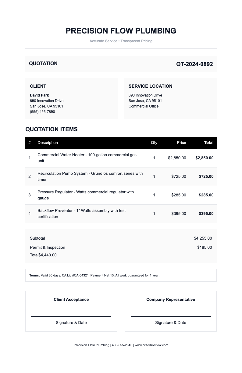 Crisp white plumbing quotation